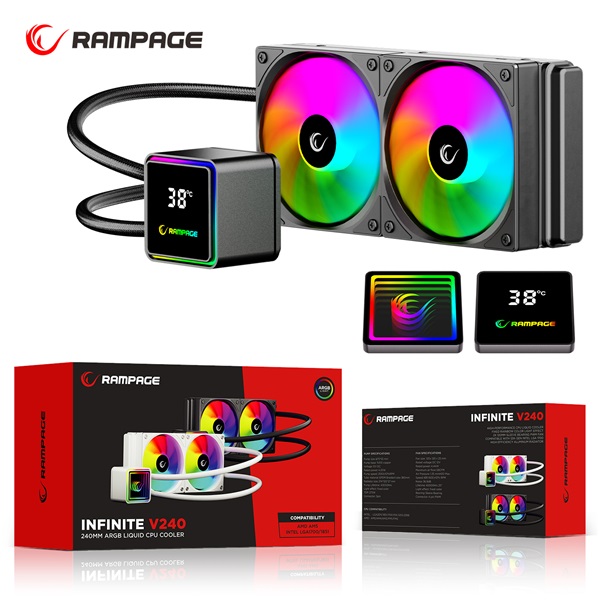 Rampage CPU Water Cooler - INFINITE V240 (Mágneses kijelző, 36,9dB max., 98,54 m3/h; 2x12cm, A-RGB LED, fekete)