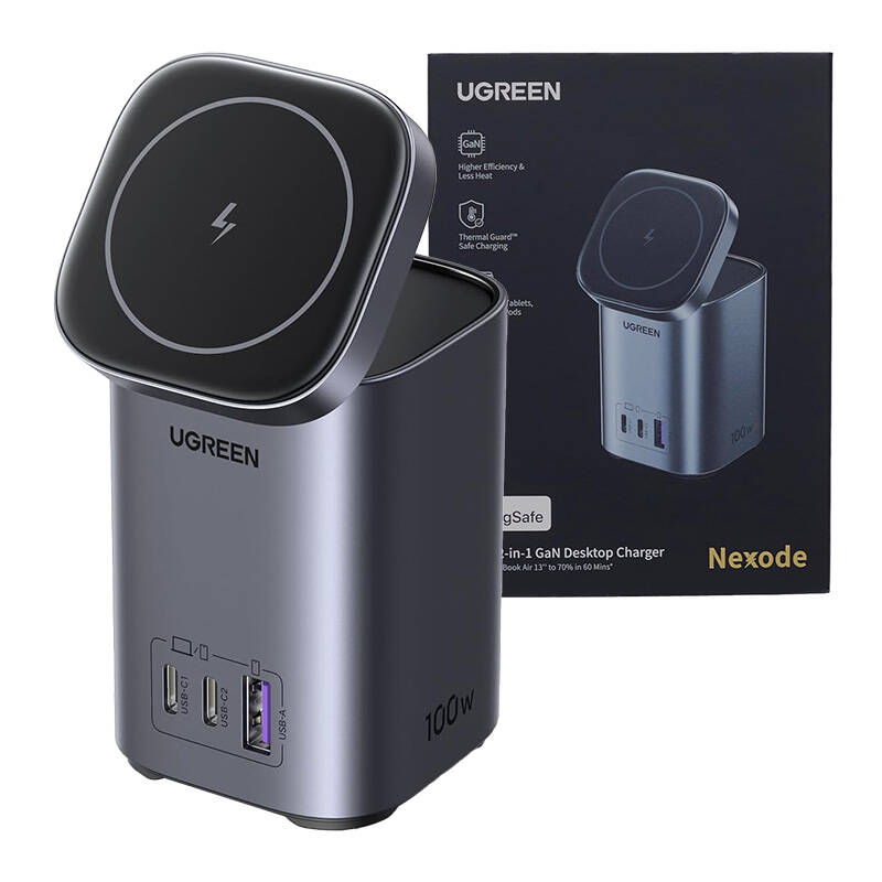 UGREEN CD342 GaN 2in1 charger/charging station, Qi, 2xUSB-C, 1x USB-A, 100W (gray)