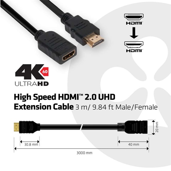  Club3D HDMI 2.0 EXTENSION HIGH SPEED 4K60Hz UHD  Male/Female  3m kábel 