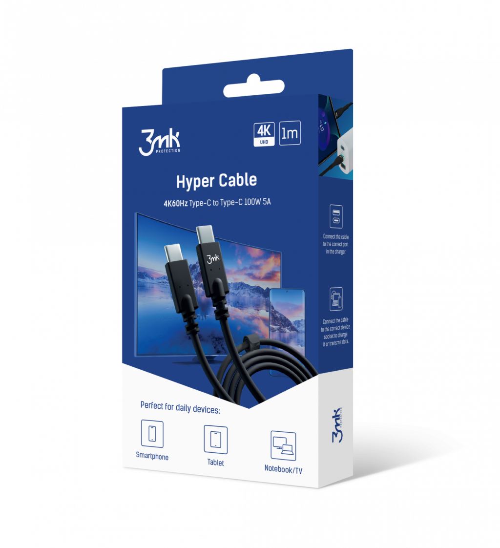 3mk Hyper USB-C 4k60Hz 100W kábel 1m fekete (3MK464550) 3mk Hyper USB-C 4k60Hz 100W kábel 1m fekete (3MK464550)