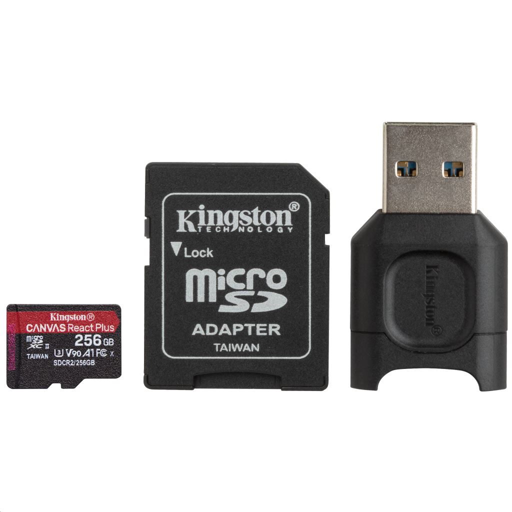 256GB microSDXC Kingston Canvas React Plus U3 UHS-II V90 A1 kártya + adapter + MobileLite Plus kártyaolvasó  (MLPMR2/256GB)