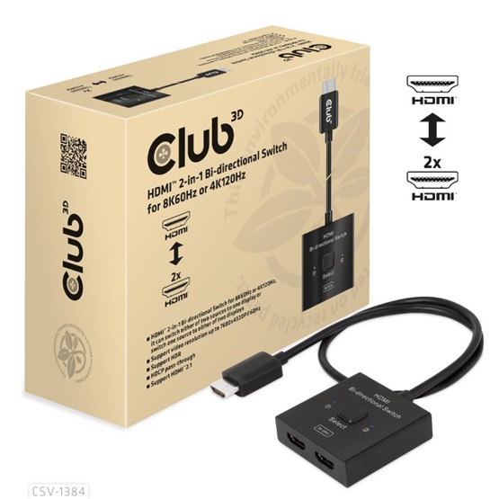  Club3D HDMI 2-in-1 Bi-directional Switch for 8K60Hz or 4K120Hz Adapter