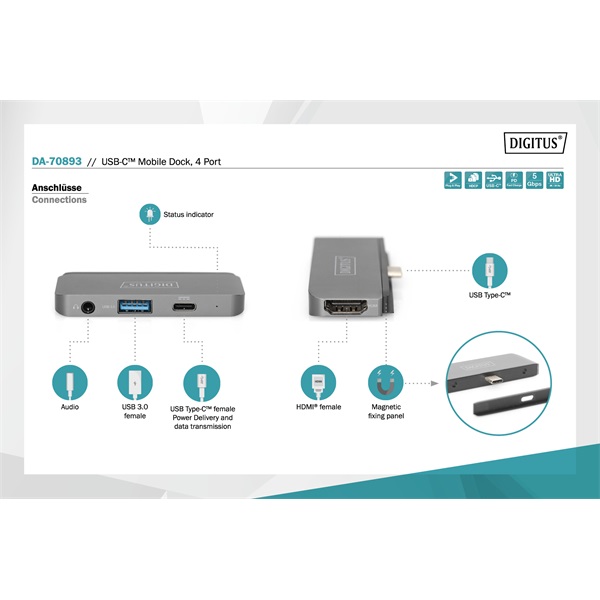 Digitus USB-C 4 portos univerzális mobil dokkoló (DA-70893)