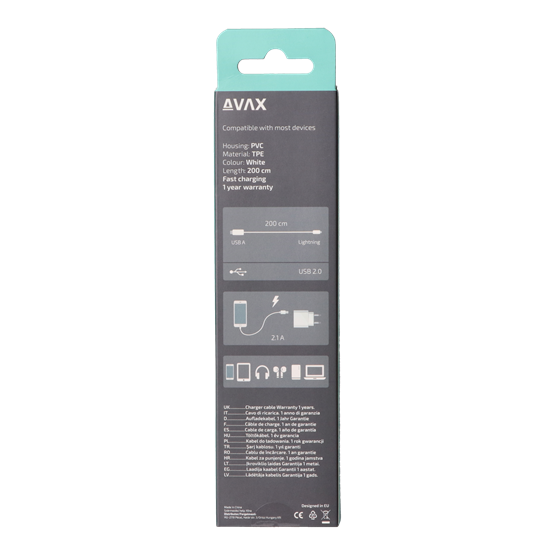  AVAX CB124W PURE 2m USB A-Lightning kábel 2.1A Fehér  