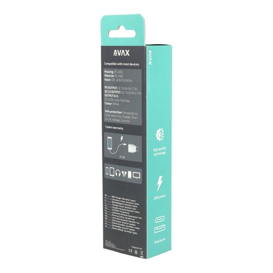  AVAX CH631W FIVEY+ USB A + Type C 25W GaN gyors hálózati töltő  fehér