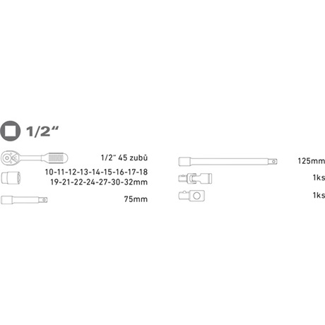 Extol Premium 6523 Dugókulcs készlet, racsnis 45FOG, 1/2" 21db 10-32mm