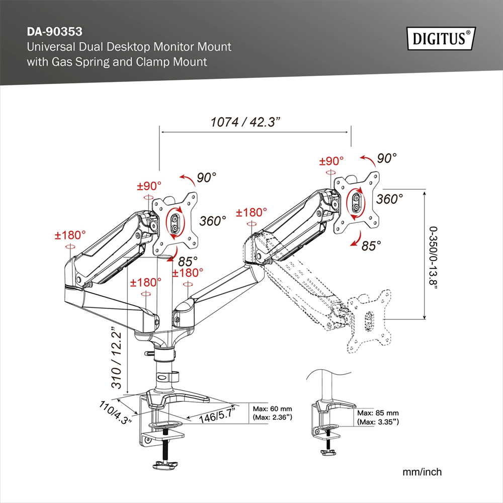 Digitus DA-90353 Univerzális  kettős asztali monitortartó gázrugóval és szorítóval Ezüst
