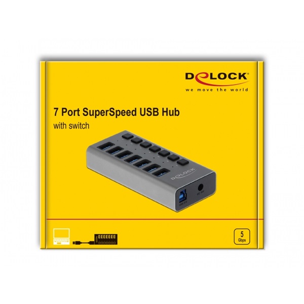 DeLock External USB 5 Gbps HUB with 7 Ports + Switch Szürke