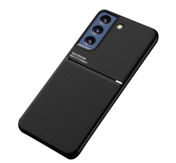 Műanyag telefonvédő (szilikon keret, közepesen ütésálló, beépített fémlemez, bőr hatású hátlap, csíkos minta) FEKETE [Samsung Galaxy ...