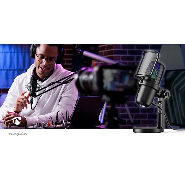 NEDIS GSMIC210BK RGB streaming asztali mikrofon, Használható: Asztali / Notebook, USB Type-A,  Be/Ki kapcsoló, szűrő