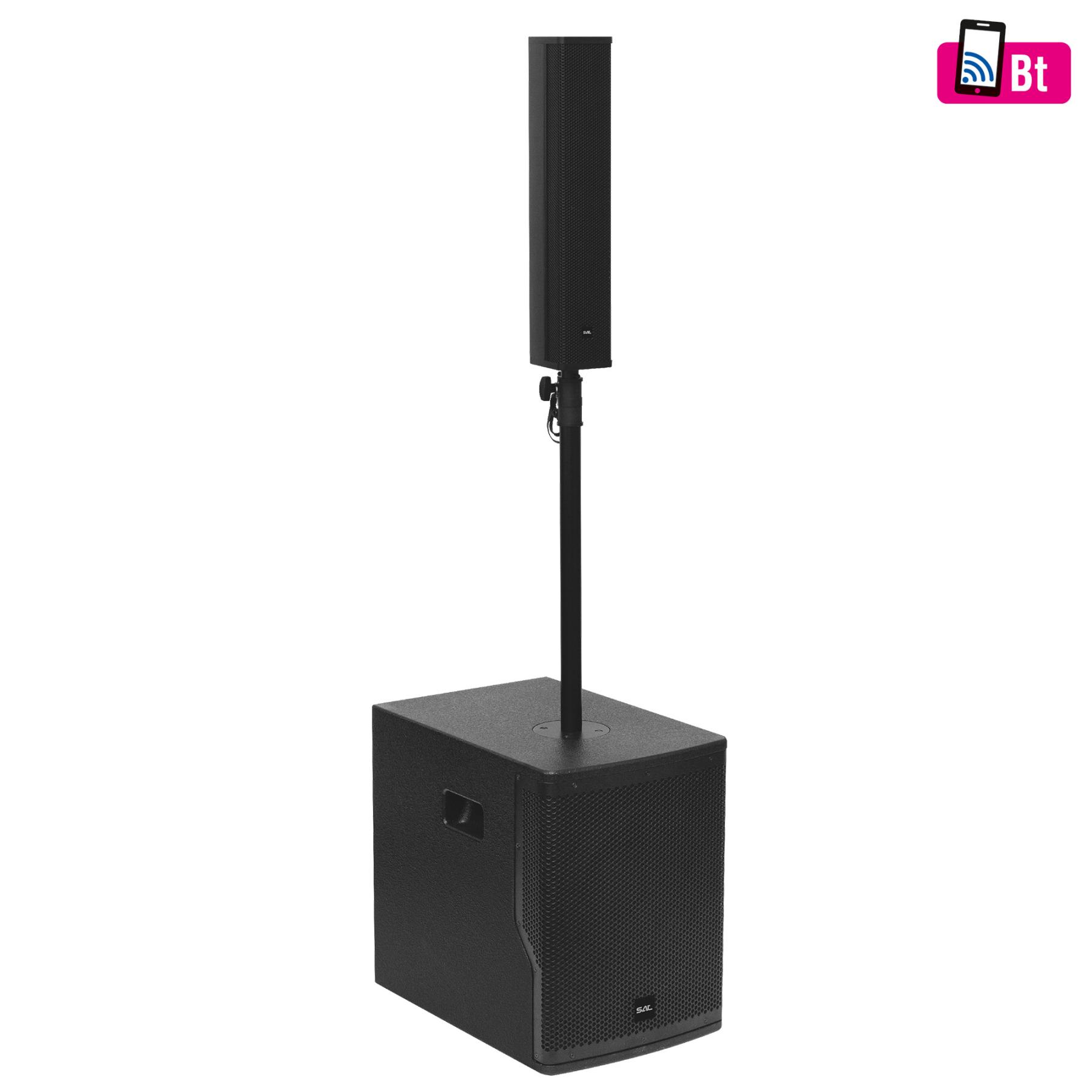 SAL professzionális oszlopsugárzó hangrendszer, max. 800 W, 25cm mélysugárzó, 4x3” szélessávú satellit hangszóró, aktív zenekari ...