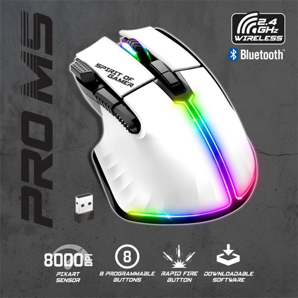 Spirit of Gamer PRO-M5 Arctic Wireless Optikai  8000DPI Vezeték nélküli Egér  Fehér 
