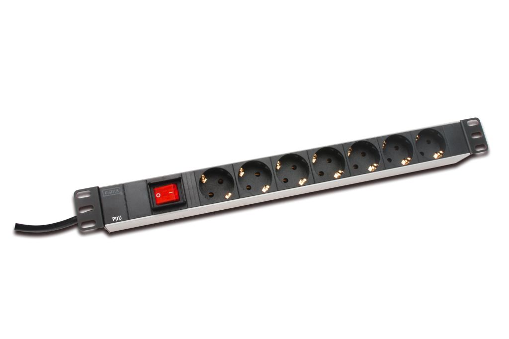 Digitus hálózati elosztó 1U, 7db hálózati aljzattal, kapcsolós, Aluminium (DN-95402)