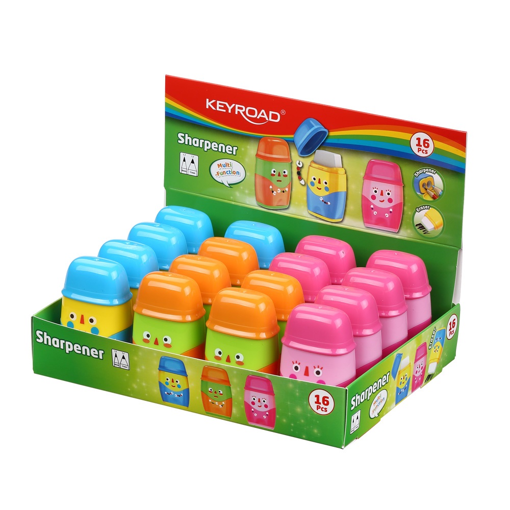 Keyroad Hegyező, 2 lyukú, radírral, 16 db/display,  2in1, vegyes színek (KR972119)