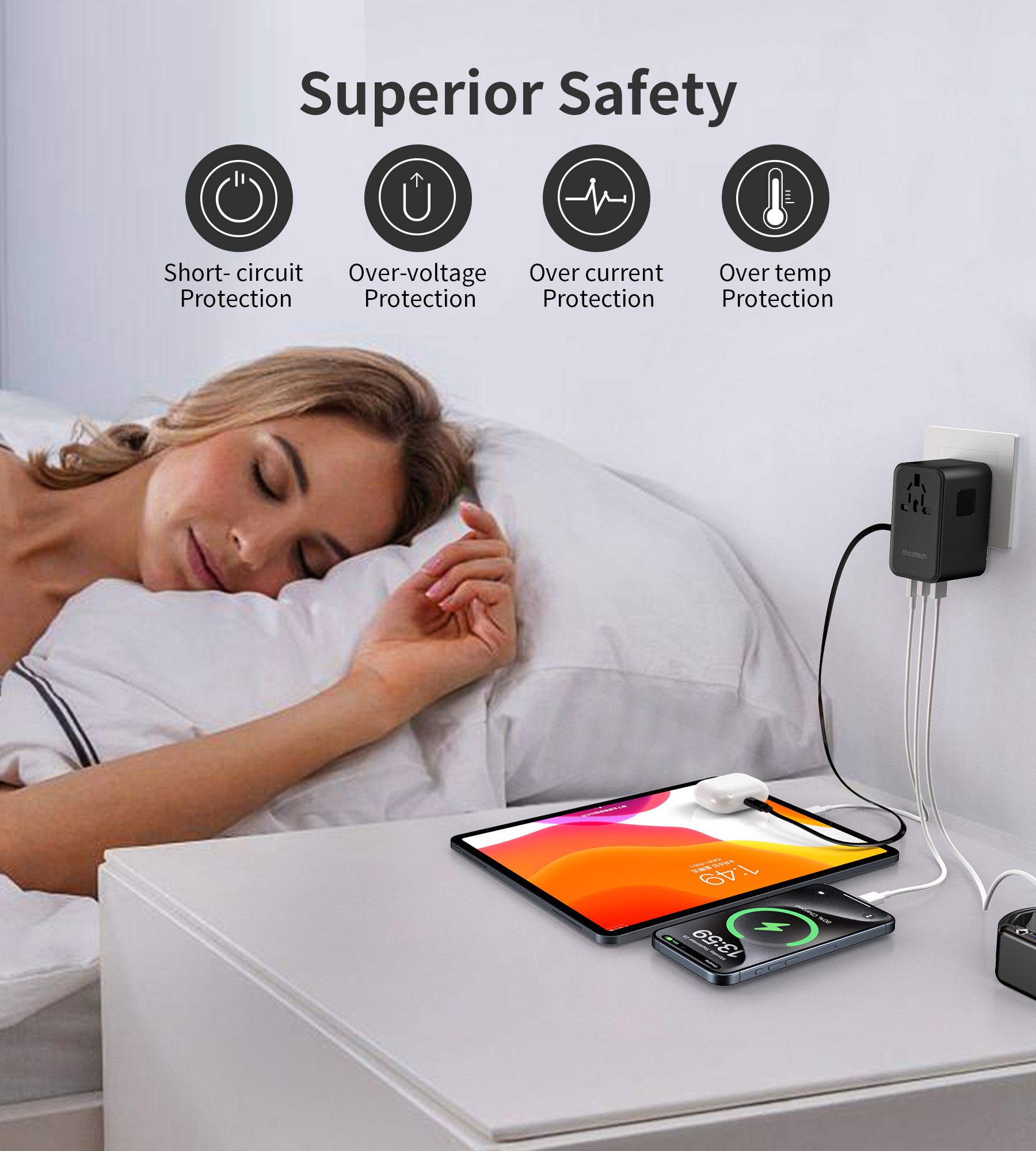 Choetech USB-C*2+USB-A*2 45W fekete travel USB-C kábellel US,UK,EU,AU  töltő