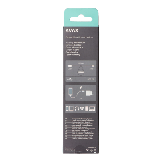 AVAX CB301G STEELY USB A-Type C 60W  1,5m 3A gyorstöltő kábel  acélszürke 