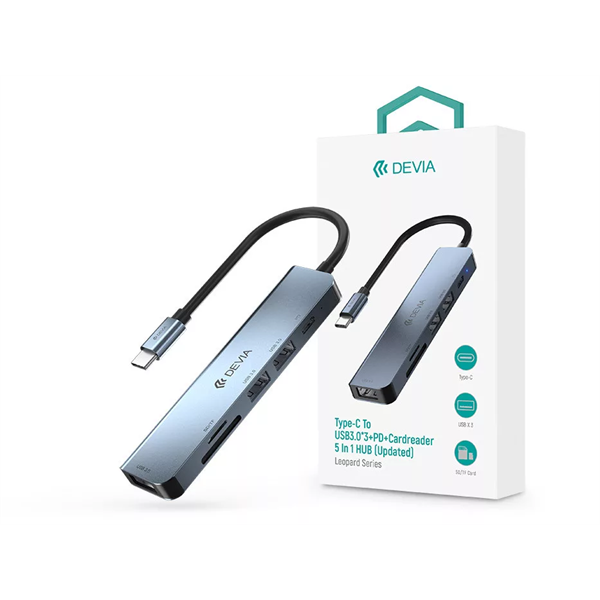 DEVIA ST384882 USB TYPE-C - 3XUSB 3.0 + PD + KÁRTYAOLVASÓ ELOSZTÓ/ADAPTER - LEOPARD 5IN1 HUB  SZÜRKE