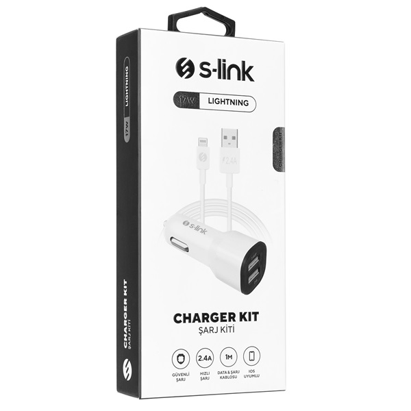 S-Link Autós töltő SL-EC30L  USB 5V/2.4A/3,4A 17W Lightning 100cm adat+töltőkábel fehér 