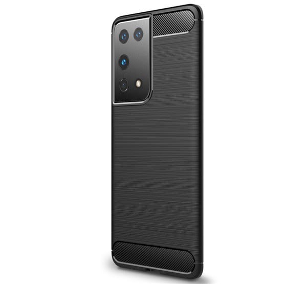 Szilikon telefonvédő (közepesen ütésálló, légpárnás sarok, szálcsiszolt, karbon minta) FEKETE [Samsung Galaxy S21 Ultra (SM-G998) 5G]