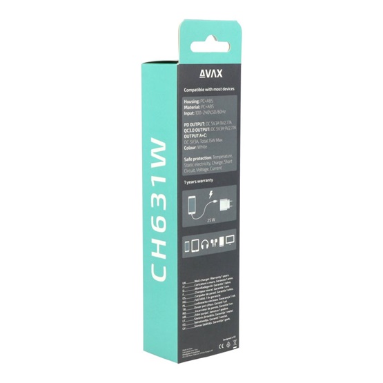  AVAX CH631W FIVEY+ USB A + Type C 25W GaN gyors hálózati töltő  fehér