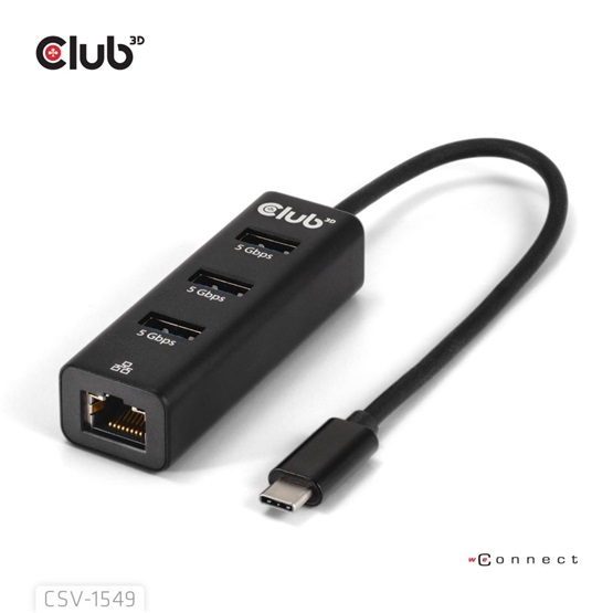 Club3D USB Type-C 3.2 Gen1 to 3 Ports USB Type-A with Gigabit Ethernet Club3D USB Type-C 3.2 Gen1 to 3 Ports USB Type-A with Gigabit Ethernet