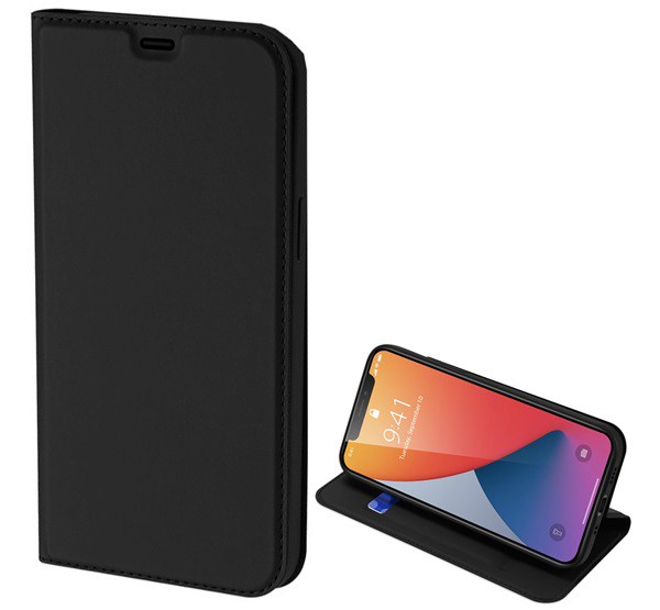 DUX DUCIS SKIN PRO tok álló, bőr hatású (FLIP, oldalra nyíló, bankkártya tartó, asztali tartó funkció) FEKETE [Apple iPhone 12 mini]