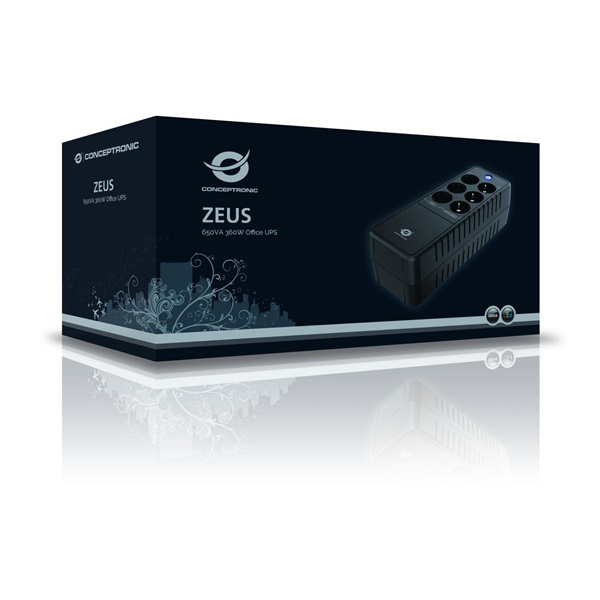 Conceptronic Elosztósor  650VA  ZEUS05E 6x Schuko Off line  RJ45 vonalvédelem Szünetmentes  Fekete 