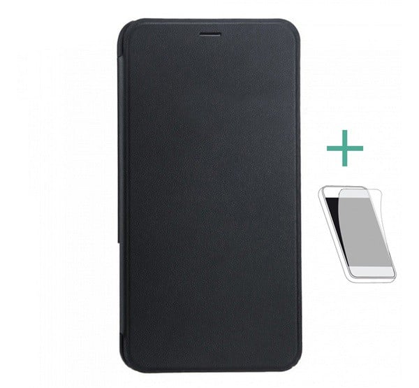 DOOGEE tok álló, bőr hatású (FLIP, oldalra nyíló, edzett üveg fólia) FEKETE [Doogee X10]