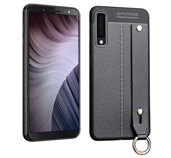 Szilikon telefonvédő (közepesen ütésálló, asztali tartó funkció, bőr hatású, varrás minta + kézpánt) FEKETE [Samsung Galaxy A7 (2018) ...