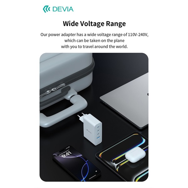 Devia Extreme Speed Series 100W GaN PD  USB+3xType-C hálózati gyorstöltő adapter Fehér