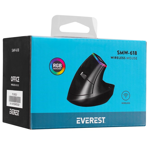 Everest  SMW-618  Ergonomic Vertical   optikai  RGB LED Vezeték nélküli Egér  Fekete