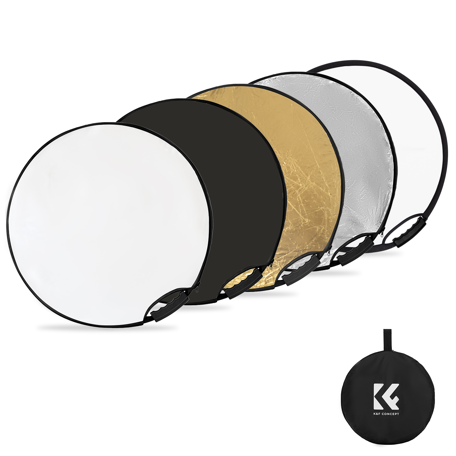 K&F Concept 5in1 derítőlap, reflektor fogantyúval 60cm (feh, fek, arany, ezüst, transp) + hordtáska K&F Concept 5in1 derítőlap, reflektor fogantyúval 60cm (feh, fek, arany, ezüst, transp) + hordtáska