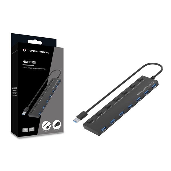 Conceptronic HUBBIES19BP 7 Port USB-A to 7xUSB 2.0 külső táp USB Hub Fekete Conceptronic HUBBIES19BP 7 Port USB-A to 7xUSB 2.0 külső táp USB Hub Fekete