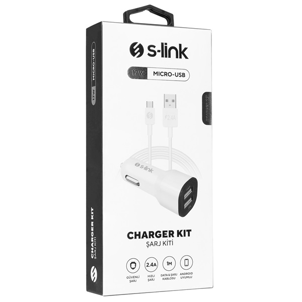 S-Link   SL-EC30M  USB 5V/2.4A/3,4A 17W Micro usb 1 m adat+töltőkábel Autós töltő fehér 