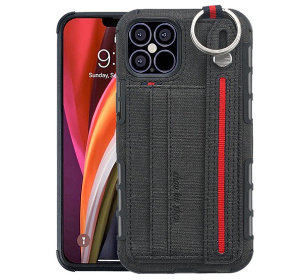 Szilikon telefonvédő (közepesen ütésálló, asztali tartó funkció, bankkártya tartó, textil hátlap + kézpánt) FEKETE [Apple iPhone 12 Pro]