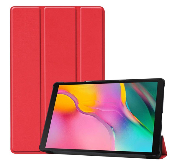 Tok álló, bőr hatású (aktív FLIP, oldalra nyíló, TRIFOLD asztali tartó funkció) PIROS [Samsung Galaxy Tab A 10.1 LTE (2019) SM-T515]