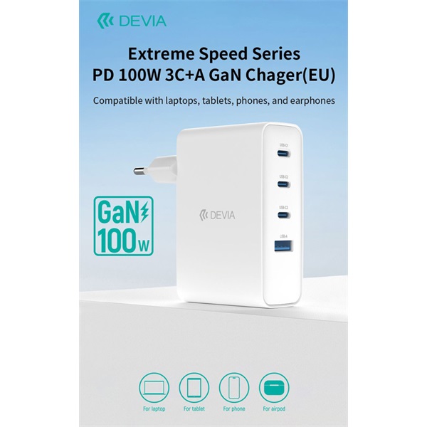 Devia Extreme Speed Series 100W GaN PD  USB+3xType-C hálózati gyorstöltő adapter Fehér
