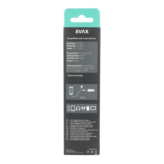  AVAX CC601B CARLY+ USB A + Type C 40W gyors autós töltő Fekete