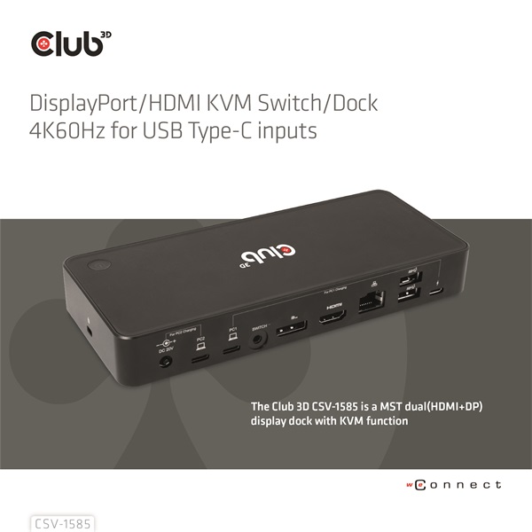 Club3D CSV-1585 DisplayPort/HDMI KVM  Dokkoló Fekete