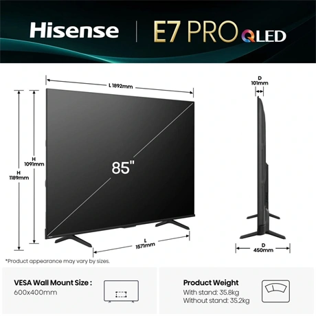 Hisense 85" 85E7QPRO 4K UHD Smart Gamer QLED TV