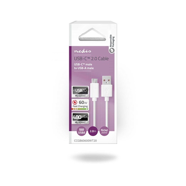 Nedis CCGB60600WT20 USB-A dugó - USB-C (USB C) dugó kábel  60W 2m Fehér