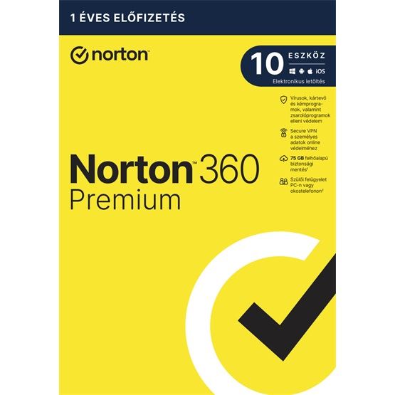 NortonLifeLock Norton 360 Premium 75GB 1 felhasználó 10 eszköz 1 év licence dobozos vírusirtó szoftver (21416702)
