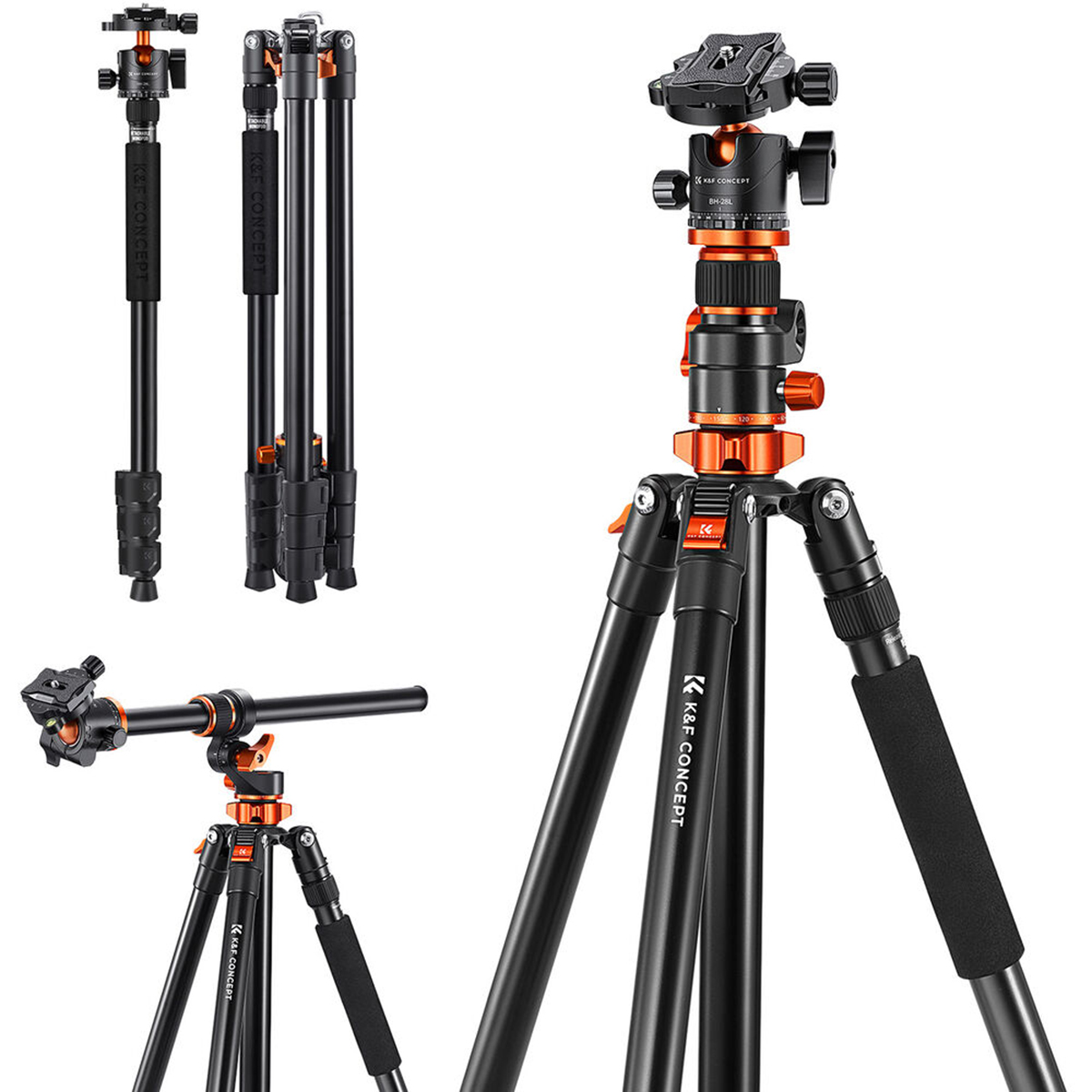K&F Concept T254A7+BH-28L állvány + monopod, elforgatható középoszloppal, fekete-narancs
