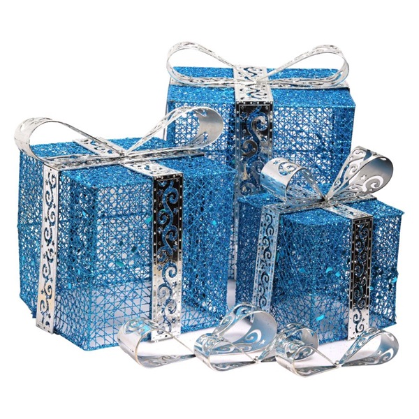 IRIS Doboz alakú /1db 20cm, 1db 25cm, 1db 30cm/ kék-ezüst fémdoboz műanyag masnival dekor szett  (011-03)