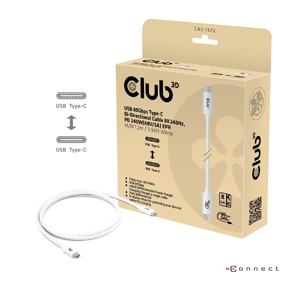 Club3D Kábel -  (USB4 Type-C, 240W PD, 80Gbps, 8K240Hz, 4K540Hz, Bidirectional, 1,2m, fekete) (CAC-1572)