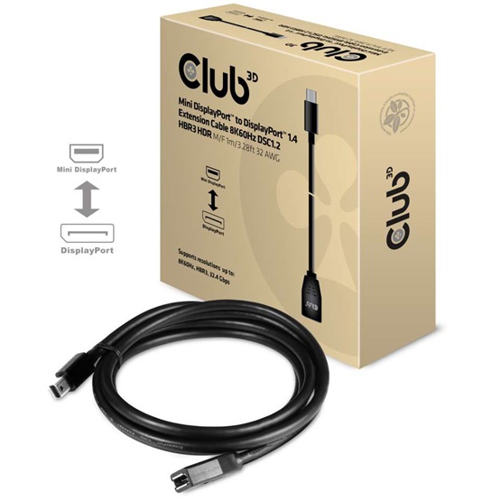  Club3D Mini DisplayPort to DisplayPort1.4 Extension Cable 8K60Hz DSC1.2 HBR3 HDR M/F 1m 
