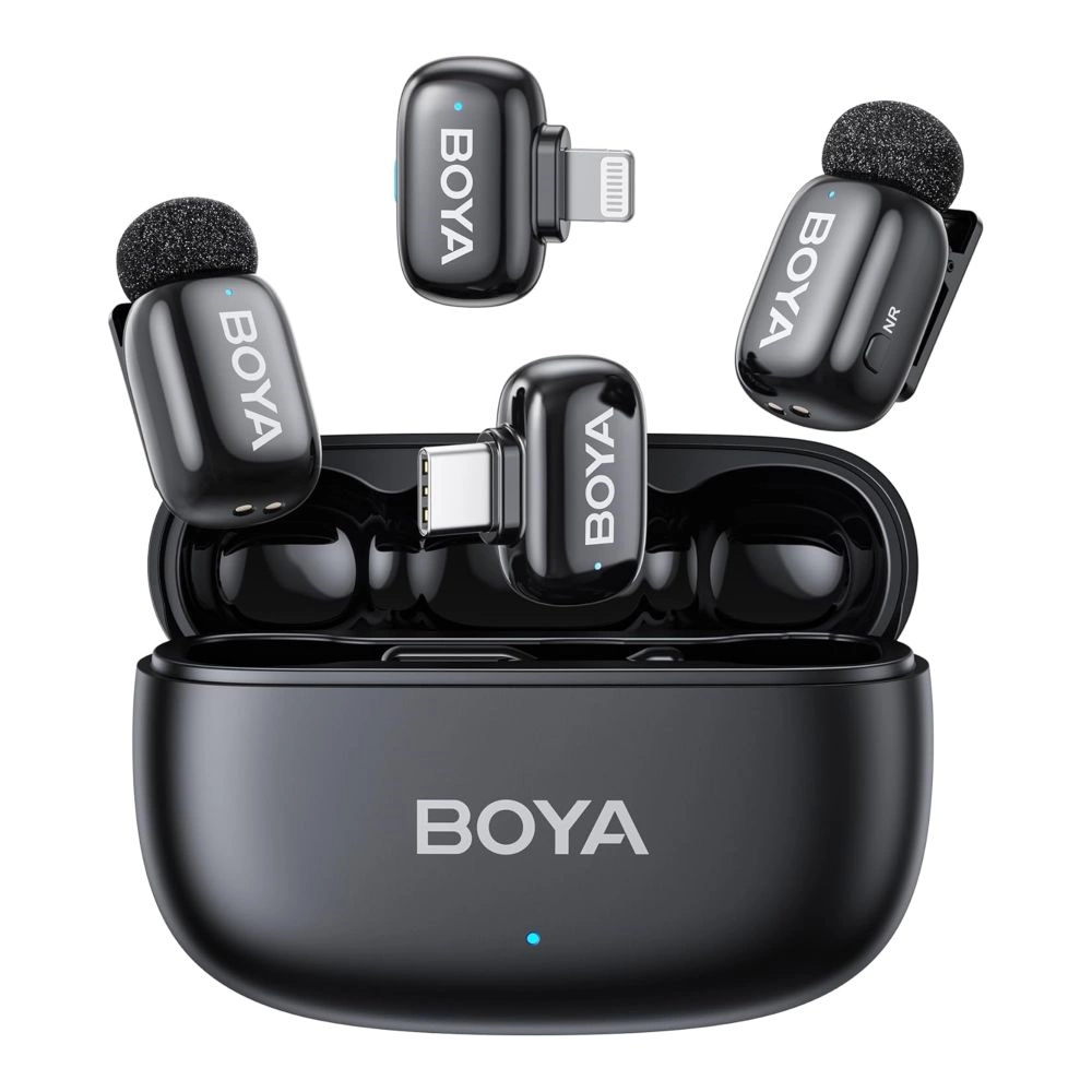 Boya Mini 2 - 2 adó + 2 vevő (USB-C és Lightning csatlakozóval) + 1 töltőtok Fekete
