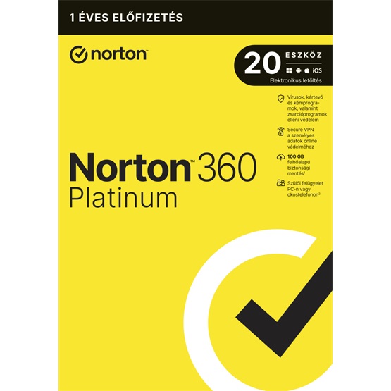 SW Norton 360 Platinum - 21428034 - 100GB HU 1 felhasználó, 20 eszköz/1 év, elektronikus licenc