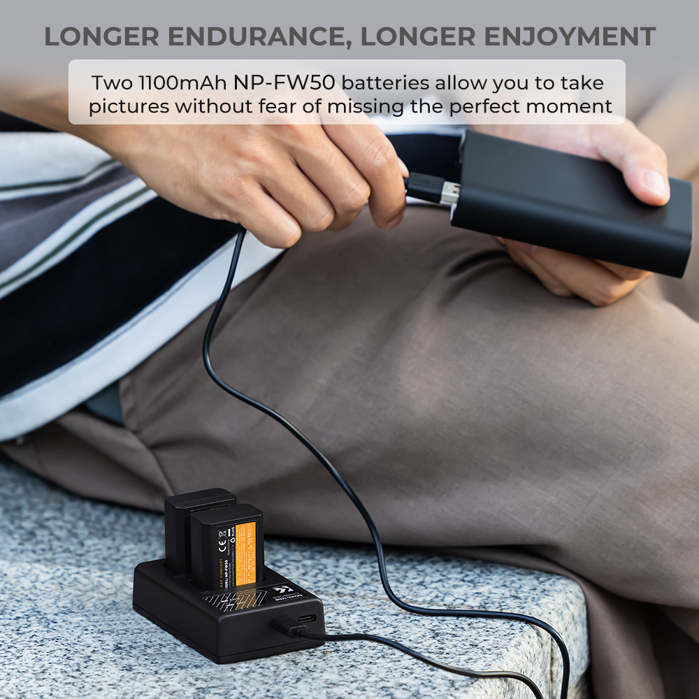 K&F Concept hordozható dupla USB-C akkumulátor BC-TRW töltő + 2db FW50 akkumulátor 1100mAh