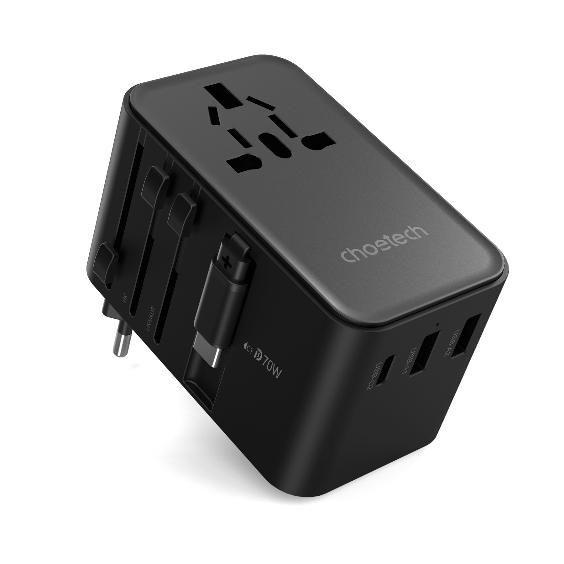 Choetech USB-C*2+USB-A*2 70W travel USB-C kábellel US,UK,EU,AU töltő Fekete Choetech USB-C*2+USB-A*2 70W travel USB-C kábellel US,UK,EU,AU töltő Fekete